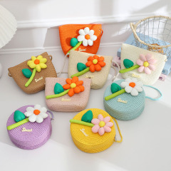 春夏の新作子供用ストローバッグひまわり子供用楽しいかわいいクロスボディバッグかわいい花通気性のある織バッグ