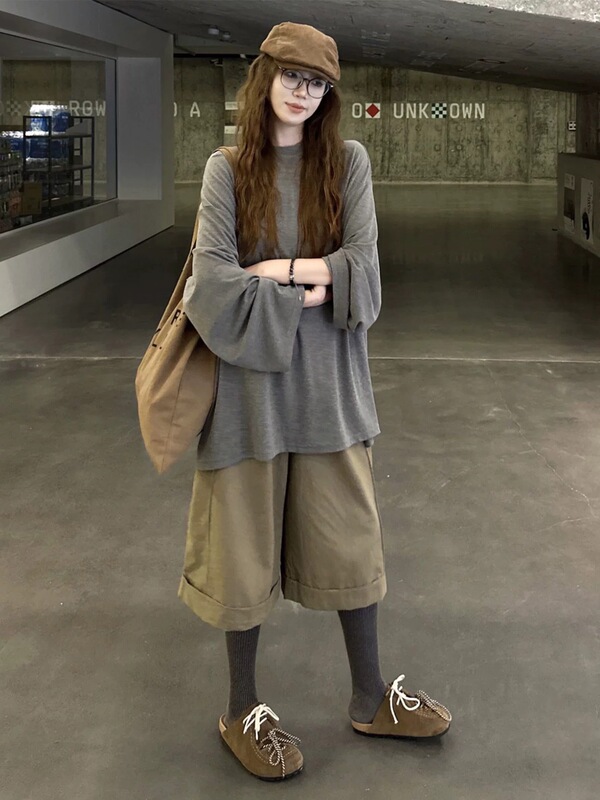 早秋季灰色中长款宽松长袖T恤女2025新款韩系慵懒松弛感穿搭上衣|undefined
