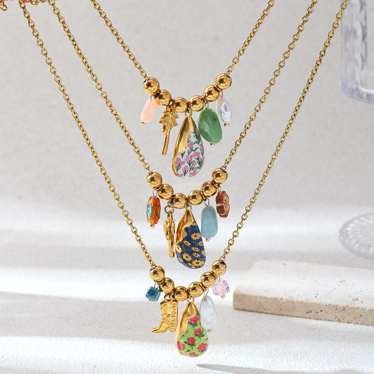 Collar de acero inoxidable de lujo ligero y nicho flor de moda de goteo de aceite de mano collar de colgante de joyas
