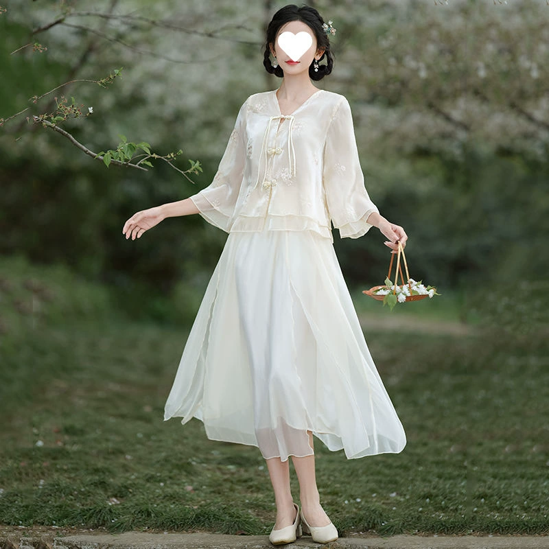 Новый китайский стиль, литературный ретро, ​​свежая вышитая пластина, воротник на пуговицах, улучшенный этнический стиль, юбка со средним рукавом, костюм