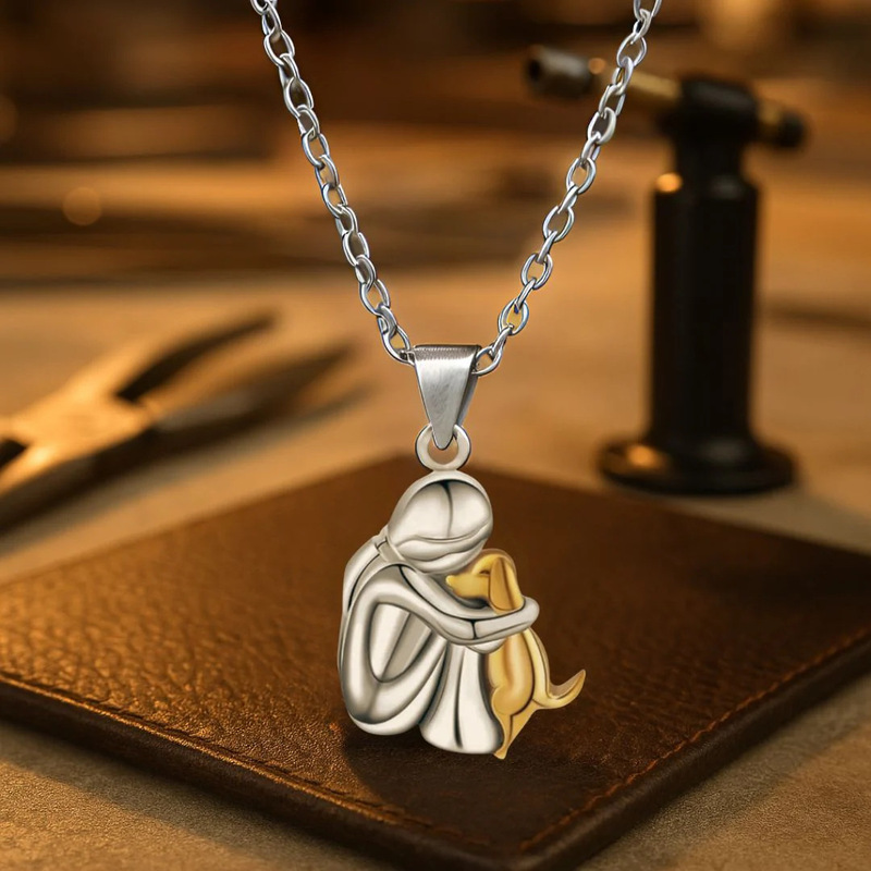 Cross-Border New Style Pet Memorial Titanium Steel Pendant Necklace with a Little Girl Hugging a Dog, Light Luxury and High-End Clavicle Chain Cross-Border New Style Pet Memorial Titanium Steel Pendant Necklace with a Little Girl Hugging a Dog, Light Luxury and High-End Clavicle Chain