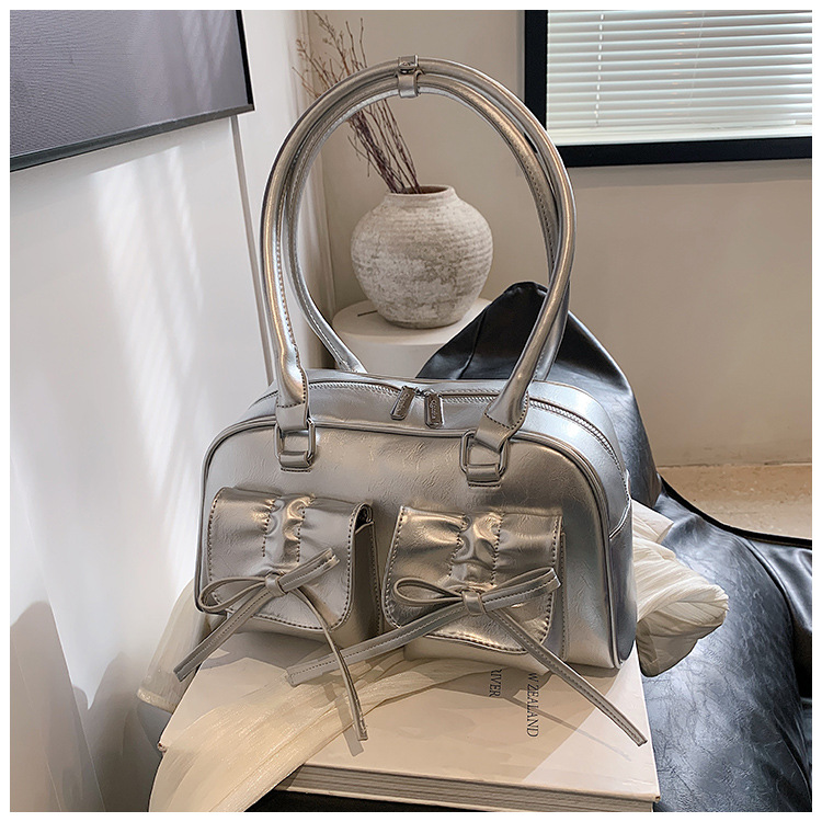 Pu Leather Material Bow Knot Pattern Women's Small Pu Leather Bow Knot Streetwear Zipper Underarm Bag