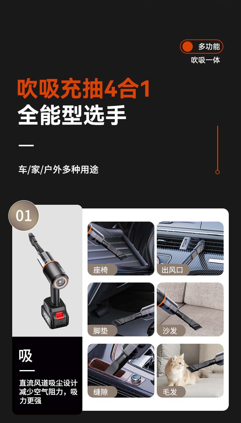 Car vacuum cleaner, wireless charging, suitable for both car and home use, powerful, compact, silent, mini handheld vacuum cleaner