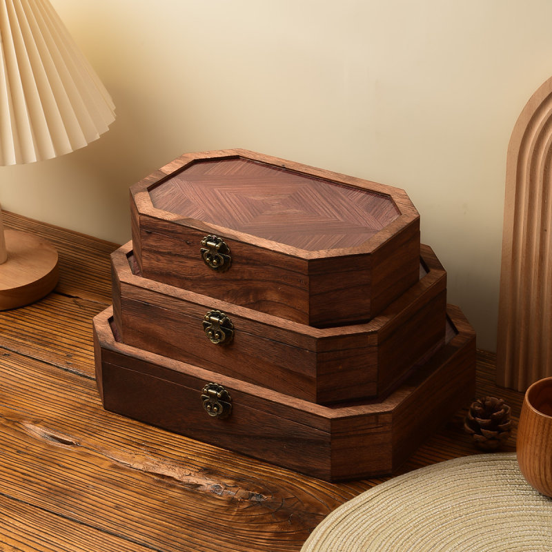 Dressing Table Decorative Box Retro Wooden Desktop Sundries Organizer Flip-Top Wooden Box Begonia Flower Glass Storage Box Decoration