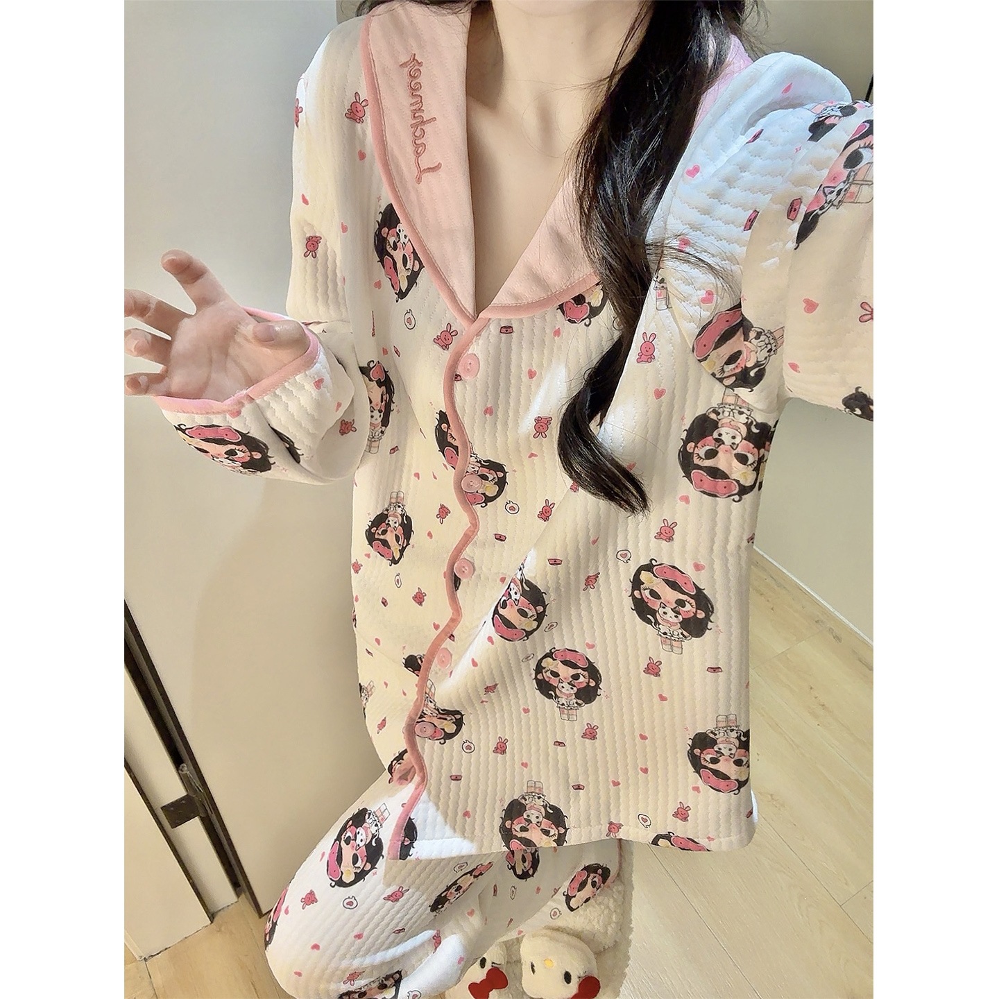秋冬季女士睡衣空气层夹棉保暖加厚开衫翻领长袖长裤套装家居服