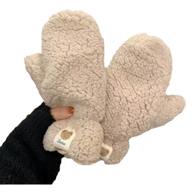 Зимние бархатные перчатки из ягненка с надписями в виде медведя, женские милые студенческие Зимние перчатки для верховой езды на флисовой подкладке, утолщенные теплые Холодостойкие