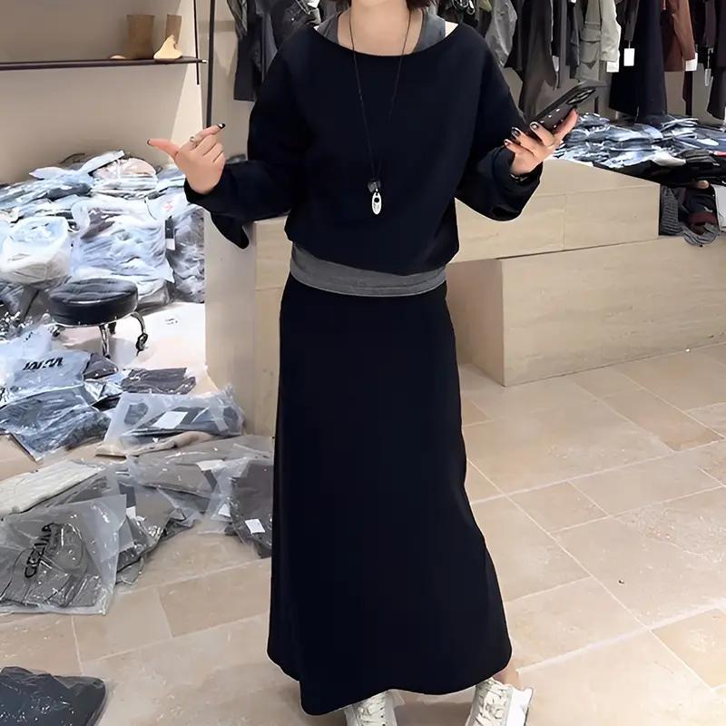 韩系女装设计感黑色假两件斜肩上衣半身长裙宽松显瘦春秋气质套装|undefined