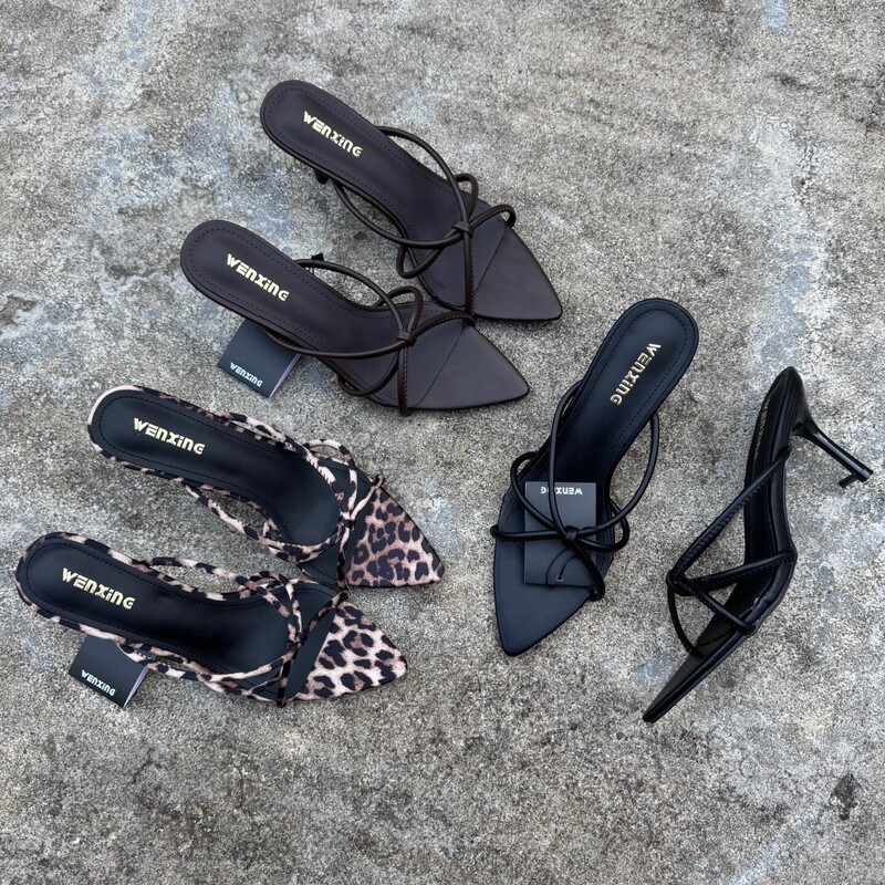 Foreign trade bow-tie pointed-toe high-heeled mules for women, leopard print and solid color, dual-use sandals, sexy outdoor wear, stiletto mules Foreign trade bow-tie pointed-toe high-heeled mules for women, leopard print and solid color, dual-use sandals, sexy outdoor wear, stiletto mules