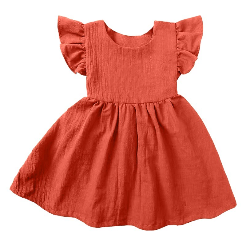 Детская одежда Qingkai, летнее платье для девочек в европейском и американском стиле, тонкая хлопковая и льняная Однотонная юбка с открытой спиной и летающими рукавами для маленьких девочек