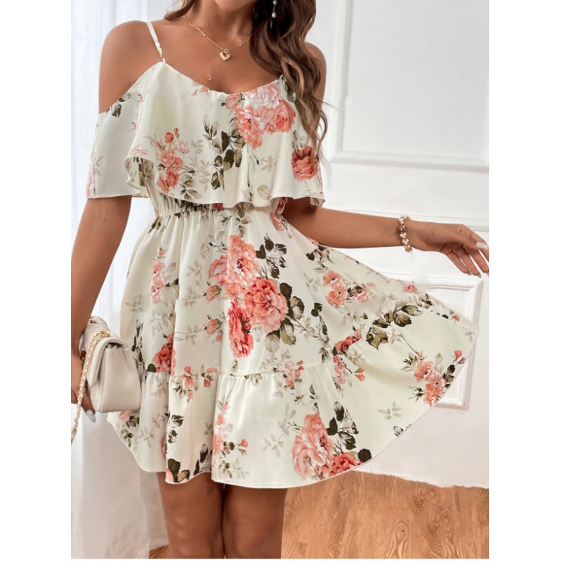 2024 Foreign Trade European and American Classic Sweet Bohemian Print Cold Shoulder Pleat Sling dress