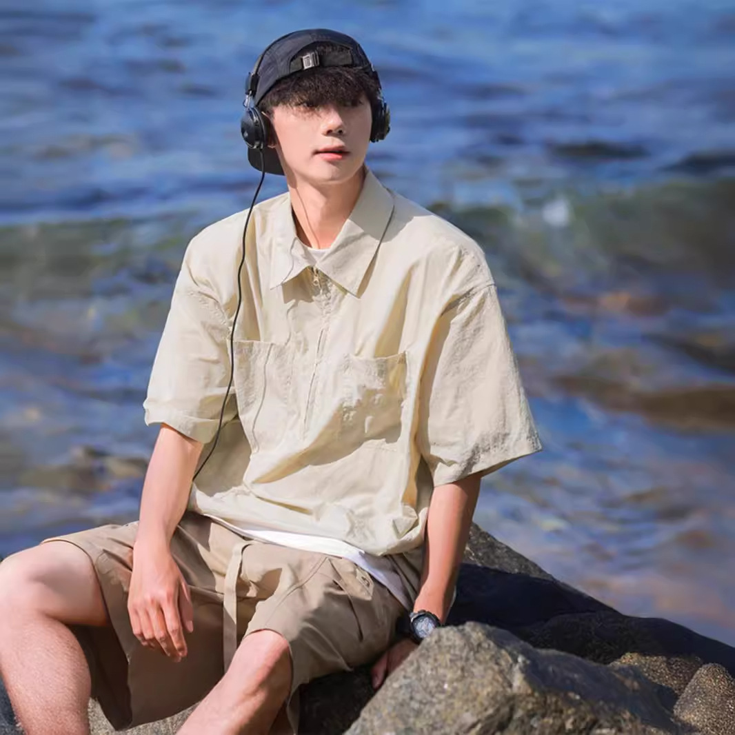 Half zip short shirt, men's summer brand, trendy and cool workwear, half sleeved casual lapel polo shirt_voghion.com