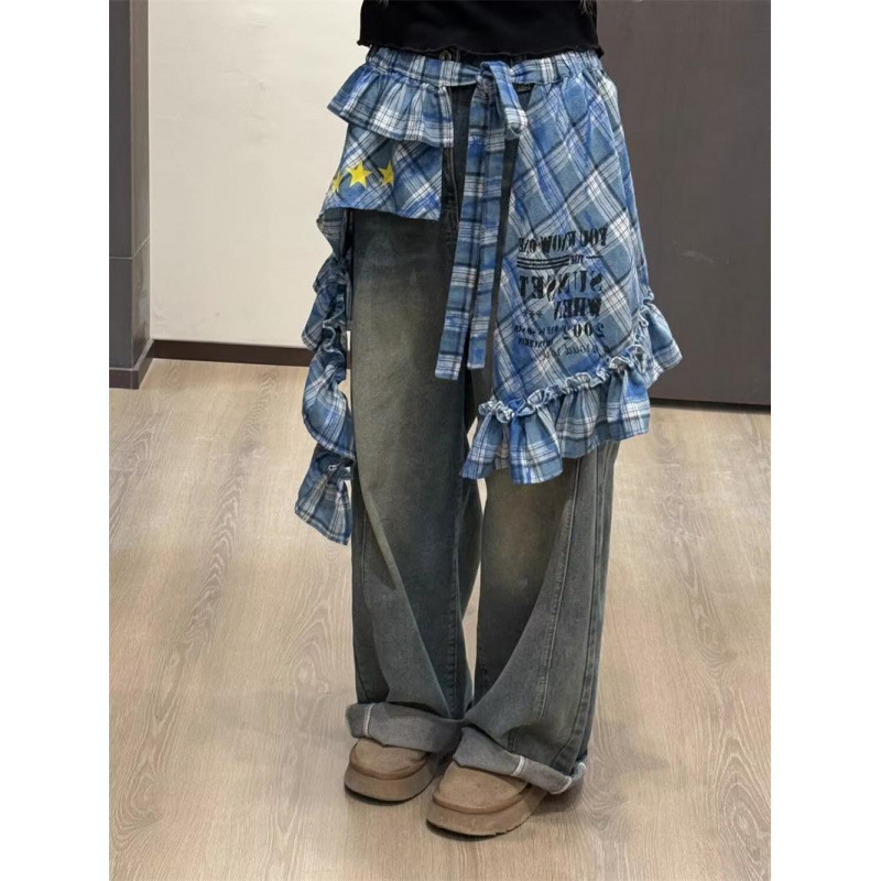 韓国の甘辛スタイルのプリントスターレイヤードよだれかけレーススカート女性の春夏デザインスカート|undefined