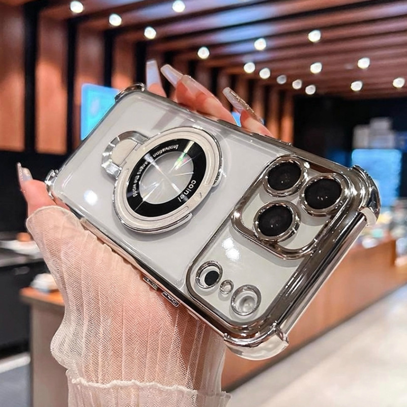 四角防摔适用iPhone17PROMAX手机壳电镀透明苹果17磁吸支架保护套|undefined
