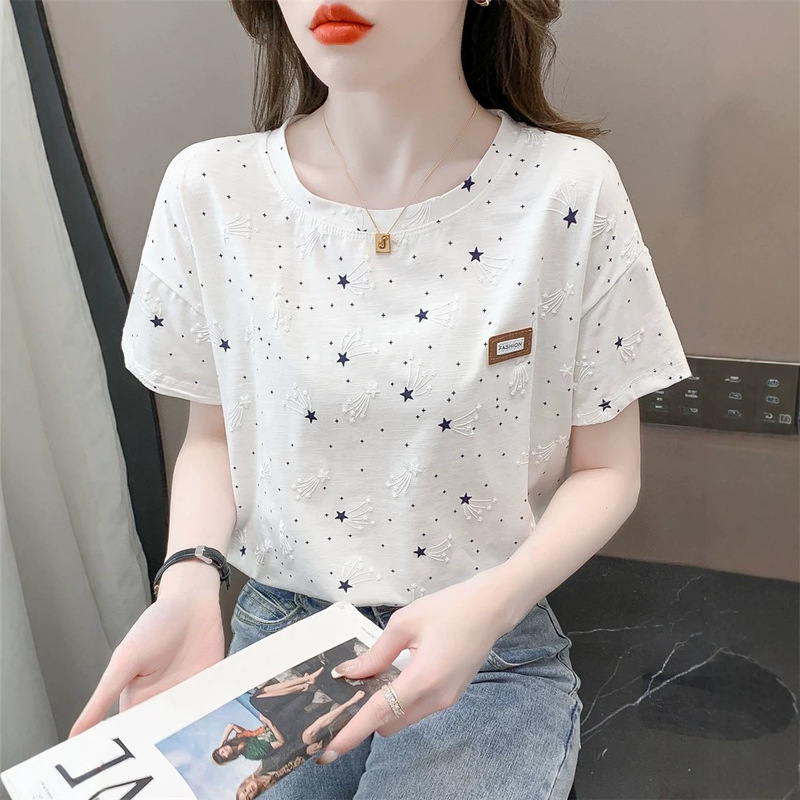 Pure Cotton Printed T-Shirt Women's Short-Sleeved Summer Wear 2026 New Style Loose Printed Design Versatile T-Shirt Top Trendy Pure Cotton Printed T-Shirt Women's Short-Sleeved Summer Wear 2026 New Style Loose Printed Design Versatile T-Shirt Top Trendy