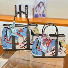 经典帆布配牛皮涂鸦彩绘花园包时尚休闲手提包潮流大气托特包新款