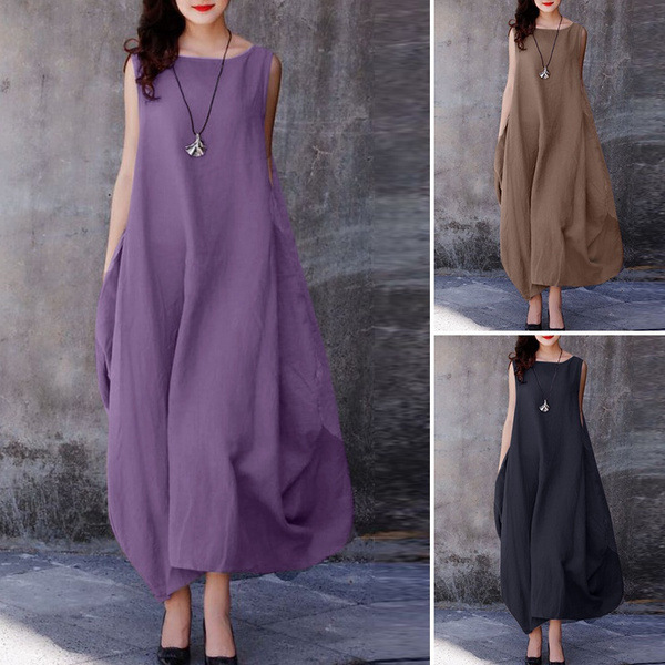 2023 Summer European and American independent station ebay cotton and linen loose large swing casual solid color round neck pocket dress women 2023 Summer European and American independent station ebay cotton and linen loose large swing casual solid color round neck pocket dress women