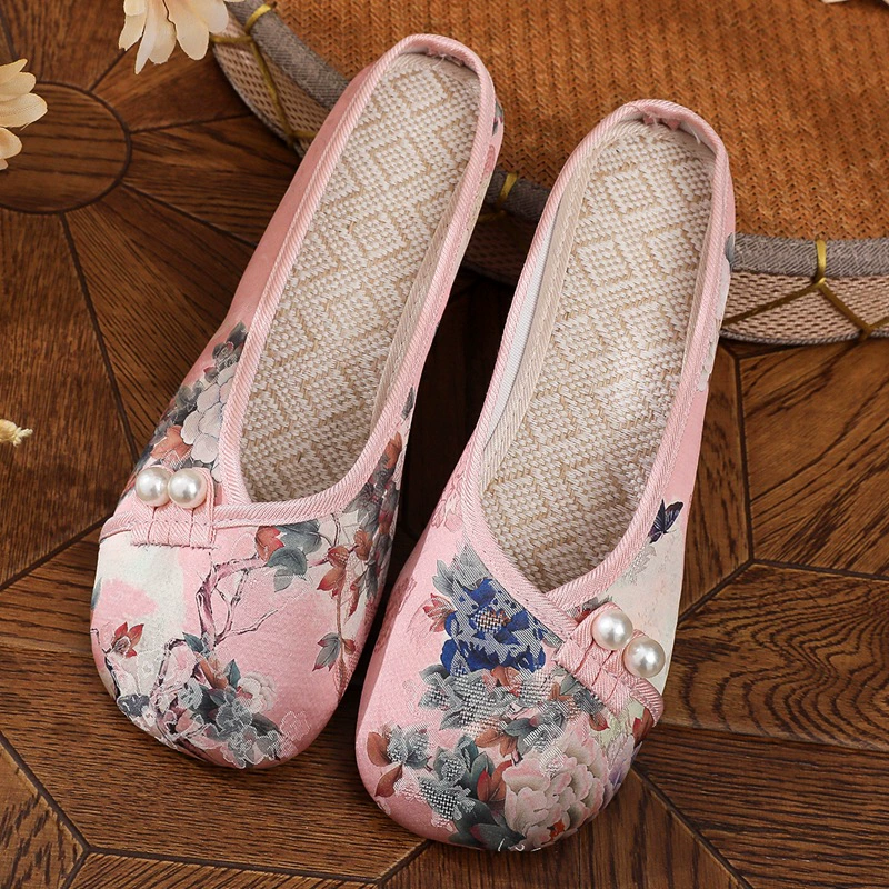 Летние модные элегантные льняные тапочки в китайском стиле для женщин, новые элегантные китайские нескользящие тапочки с закрытым носком, старая пекинская тканевая обувь Y.