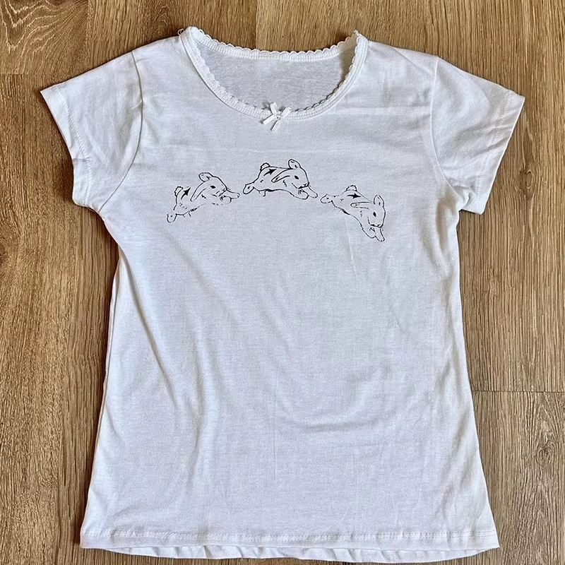 t-shirt美式2025女装夏兔子图案紧身辣妹显瘦露脐圆领短袖T恤|undefined