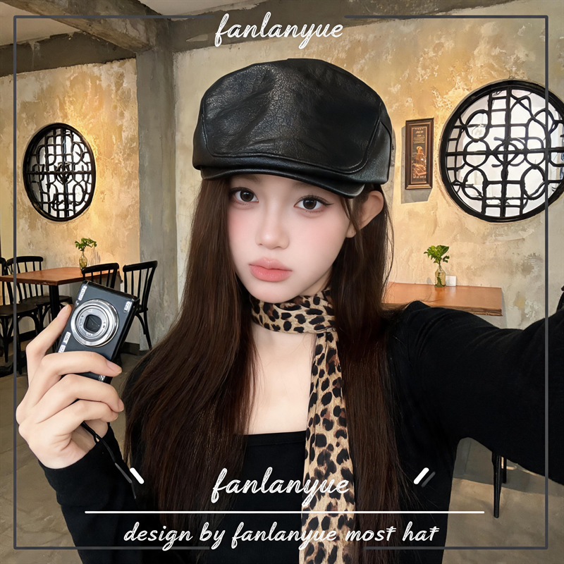 Leather forward cap, unique retro British fashion beret, versatile, face-slimming duckbill cap, artistic painter's hat Leather forward cap, unique retro British fashion beret, versatile, face-slimming duckbill cap, artistic painter's hat
