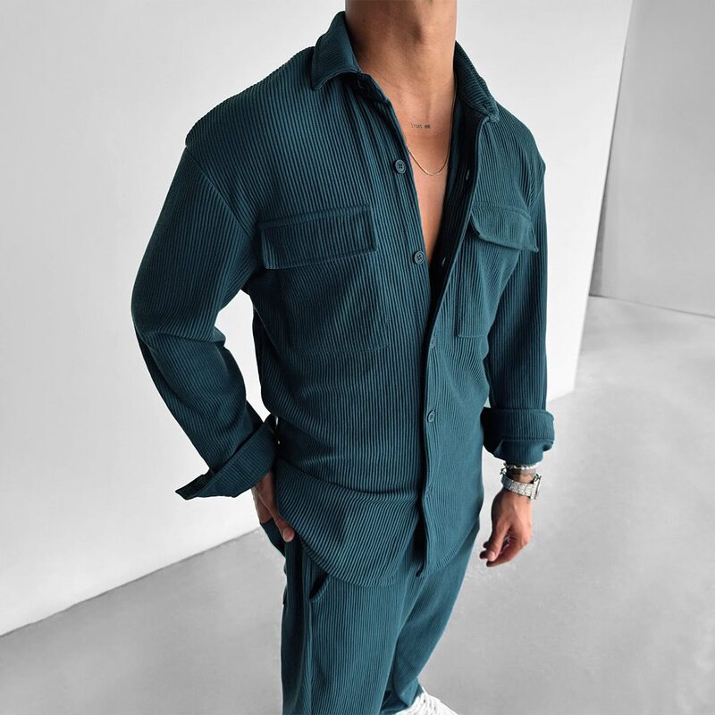 Men's clothing tradeアマゾン高级感メンズ长袖シャツ折り襟系バックル百合シャツ|undefined