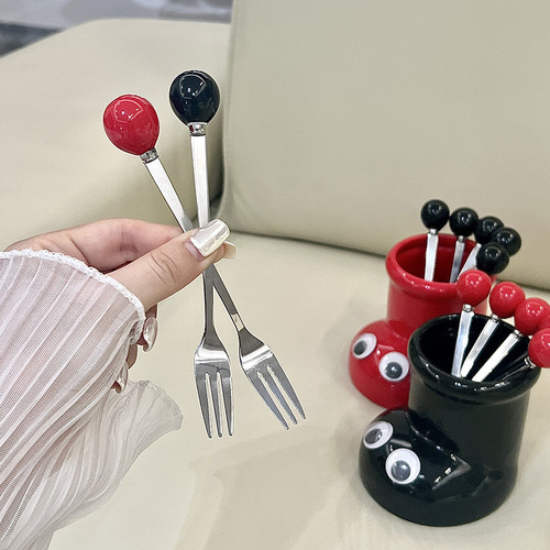 Cute fruit fork set, creative design, ceramic fruit fork jar, stainless steel fruit fork, high-looking small fork