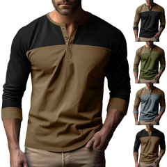 2025国境を越えた男性服秋の新型アマゾンのレトロな長袖tシャツの色合わせヘンリー襟の男性tシャツ