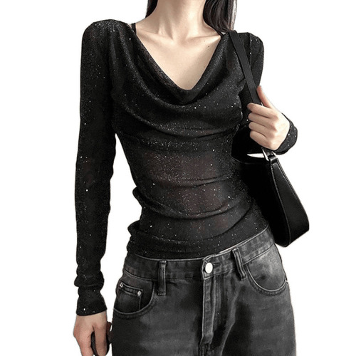 Stylish and Unique Women's Long-Sleeve Blouse with Design Elements, Sheer and Fitted for a Slimming Effect, Trendy and Fashionable 