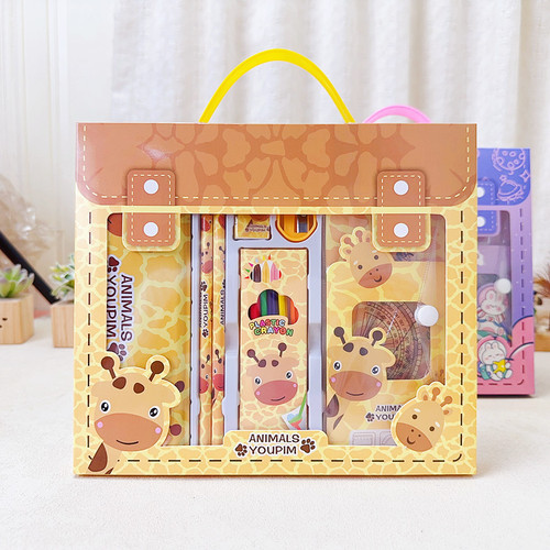 Children's Student Stationery Creative Set of Pencil Case, Ruler, Crayons, Combination Gift Box with Backpack Design, Cultural and Creative Gift, Prize