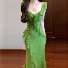 女性のためのグリーンウエスト花柄ドレス夏のデザイン気質スリムロングスカート
