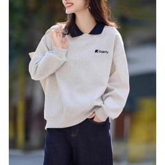 灰色假两件POLO领套头卫衣女2025秋季新款学院风减龄宽松刺绣上衣