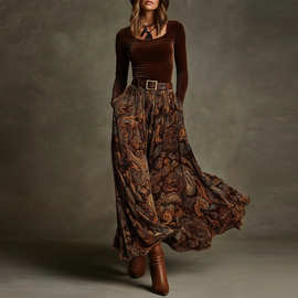 欧美跨境女装独立站2025秋季新款纯色修身气质印花大摆长裙连衣裙