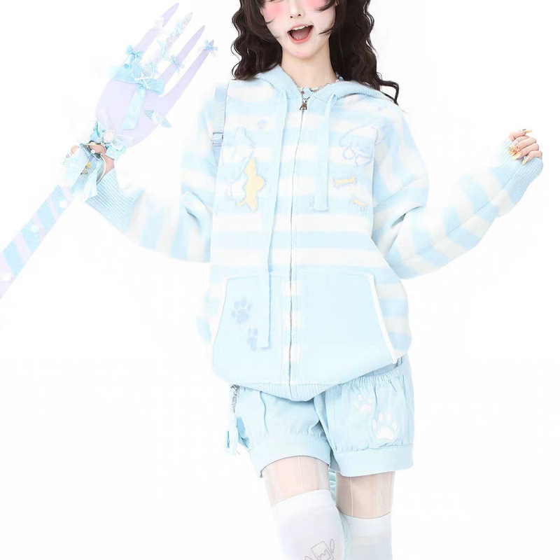 2026 Spring, Autumn, and Winter New Cute Dog Pattern Jacquard Cardigan Hooded Sweater Loose Knit Jacket Top for Women