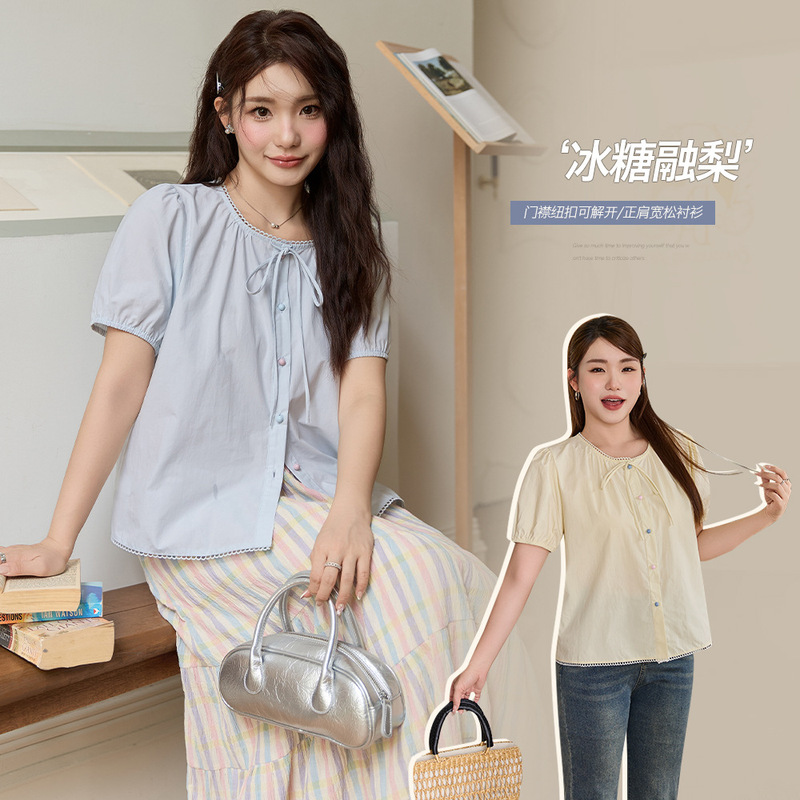 French Shoulder Hollow Lace Stitching Crewneck Small Shirt Women's chubby girl plus size Loose Slim All-match Top 63931