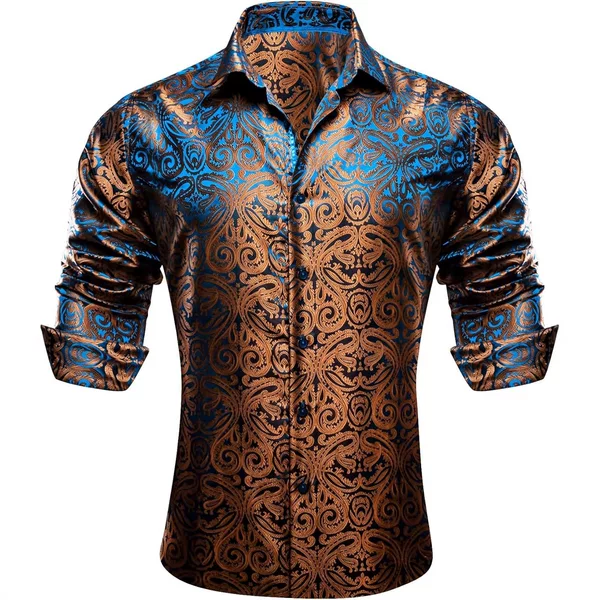 Cross-Border Amazon Luxury Blue and Gold Printed Long-Sleeved Shirt Men's Paisley Pattern Business Banquet Shirt