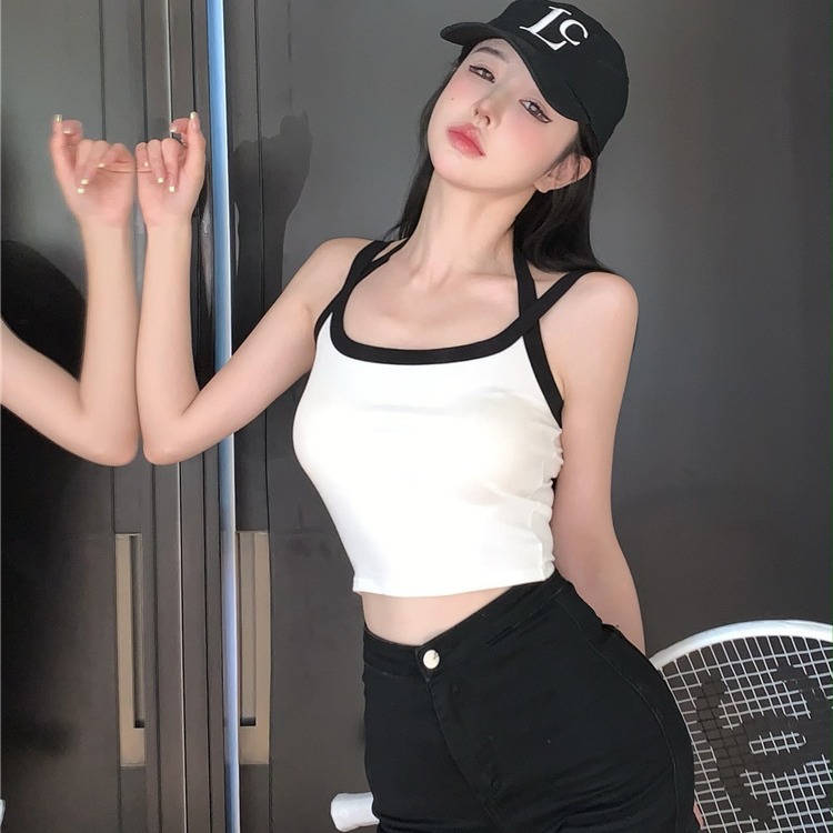 Nuevo dulce y picante color a juego camisola mujeres Cruz sexy corto desgaste interior belleza espalda elástica Slim desgaste exterior verano