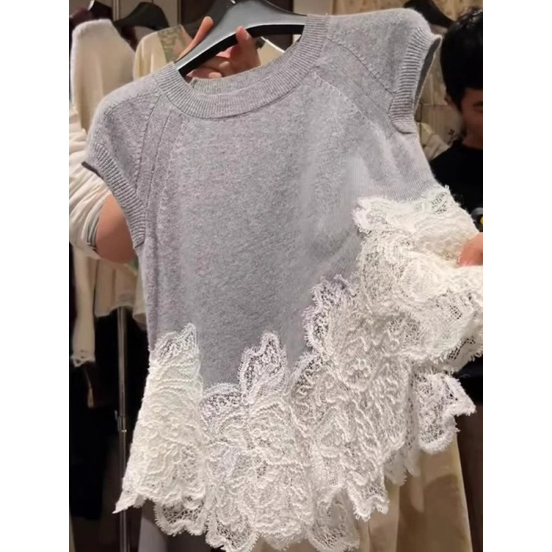 French-Style Color-Block Lace Hem Patchwork Design Drop Shoulder Sleeve Top 2025 Summer Sweet Youthful Knit Sweater