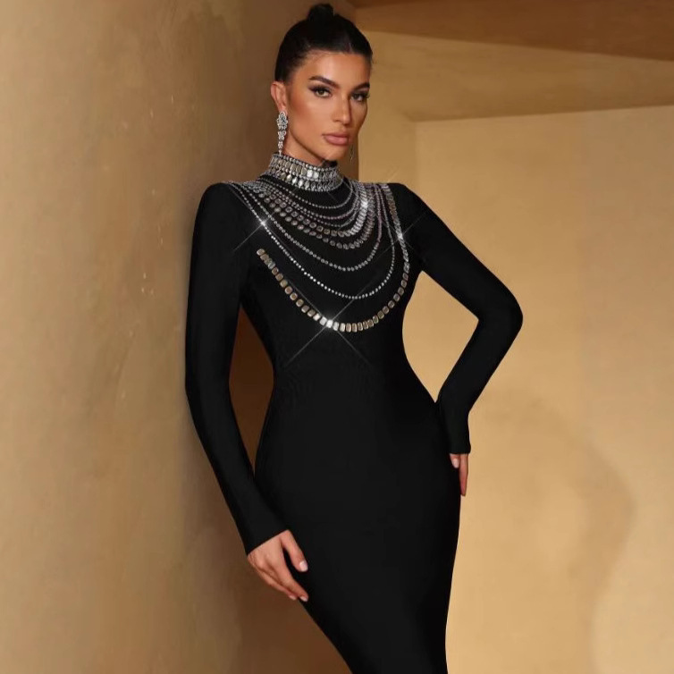 European and American Cross-Border Sexy Multi-Layered Rhinestone Long-Sleeved Round-Neck Bandage Dress Long Banquet Dress Bandage Dress in Stock