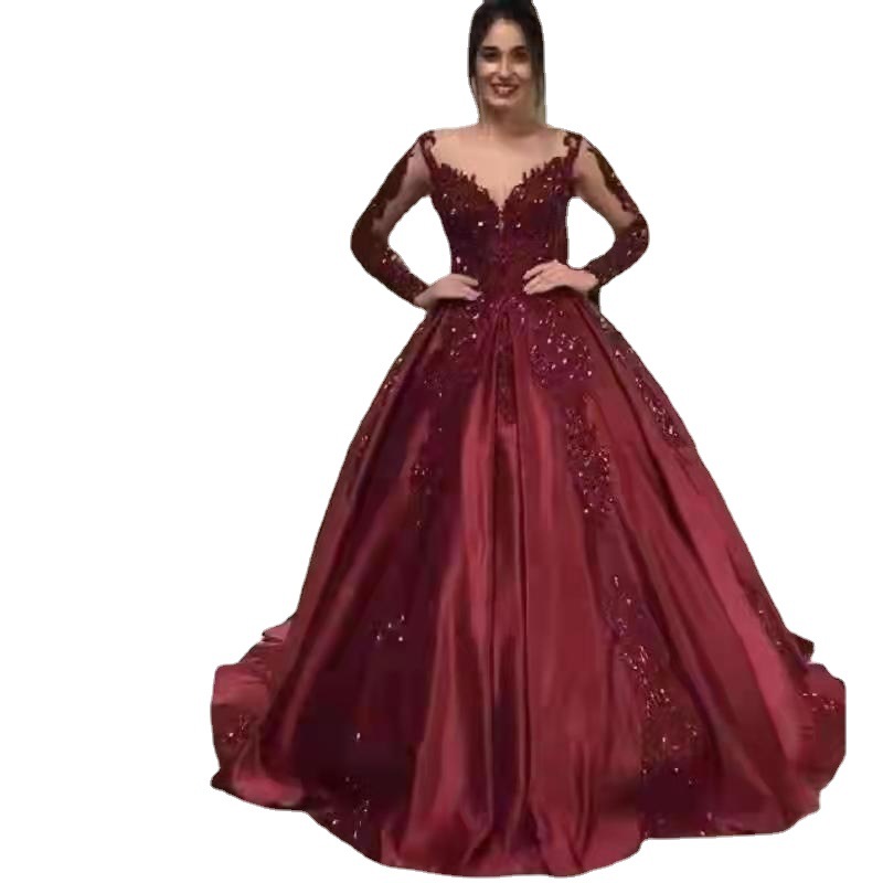 Europa y América Amazon AliExpress deseo Comercio exterior vestido de noche una línea de encaje vestido de manga larga vino rojo vestido formal