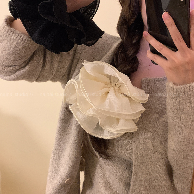 ¡4 pisos super grandes! Negro + blanco encaje plegado de alta sensación collar de cabello de intestino grande relajado francés coreano cuerda de cabello mujer