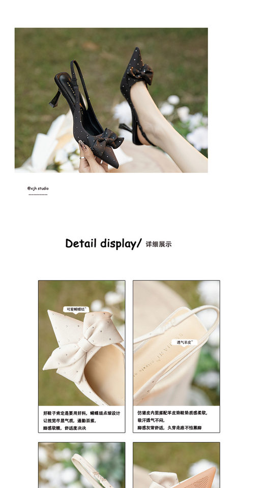 Giày sandal nữ bít mũi mũi nhọn gót mảnh đính đá nơ quai ngang, gót 6–8 cm — Màu mơ, Màu đen chi tiết 5