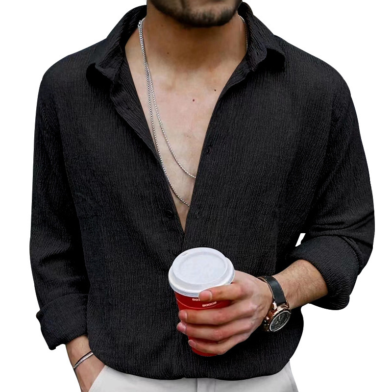 Men's Wrinkle Fabric Cardigan Solid Colour Casual Overcoat Style_voghion.com