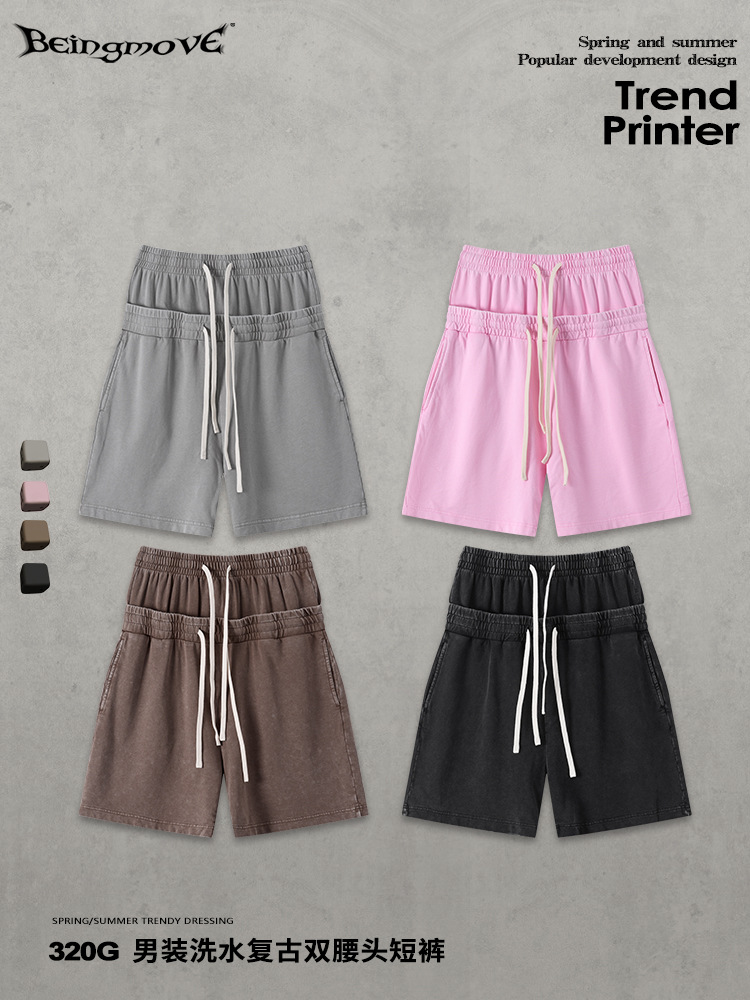 Calle secada| 2026 verano americano costa oeste doble cintura cabeza frita flocos de nieve hacer viejos pantalones cortos casuales pantalones sueltos hombre