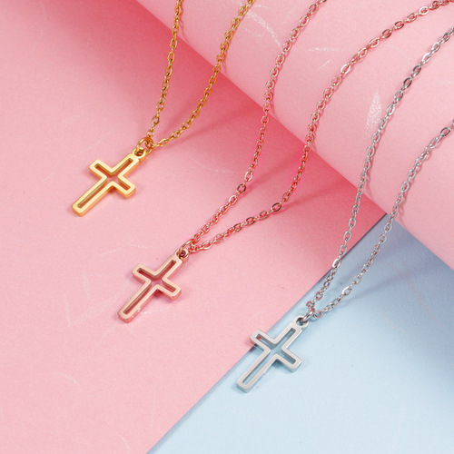 Cross-border best-selling European and American personalized fashionable lockchain with polished stainless steel hollow cross pendant simple necklace
