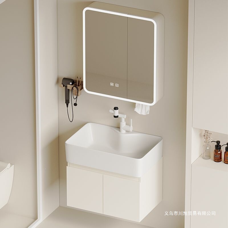 Cream-Colored Wall-Mounted Waterproof and Moisture-Proof Thickened Honeycomb Aluminum Bathroom Cabinet Set with Ceramic Washbasin for Home Use