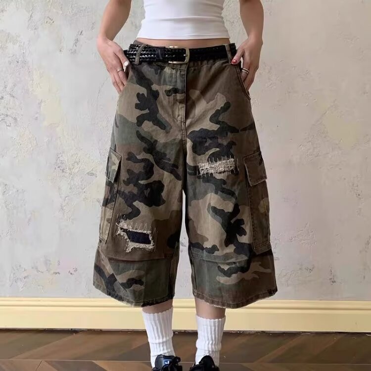 American Retro Ripped Patch Camouflage Cargo Denim Shorts Men's Summer Versatile Slimming Loose Wide-Leg Cropped Pants