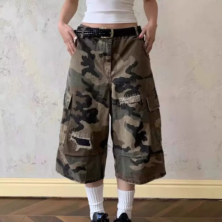 美式复古破洞补丁迷彩工装牛仔短裤男夏季百搭显瘦宽松阔腿七分裤