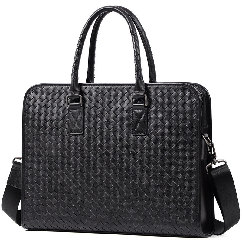 Túi xách nam da bò thật dệt tay cao cấp 40×13×29 cm, túi đeo vai công sở — Màu đen
