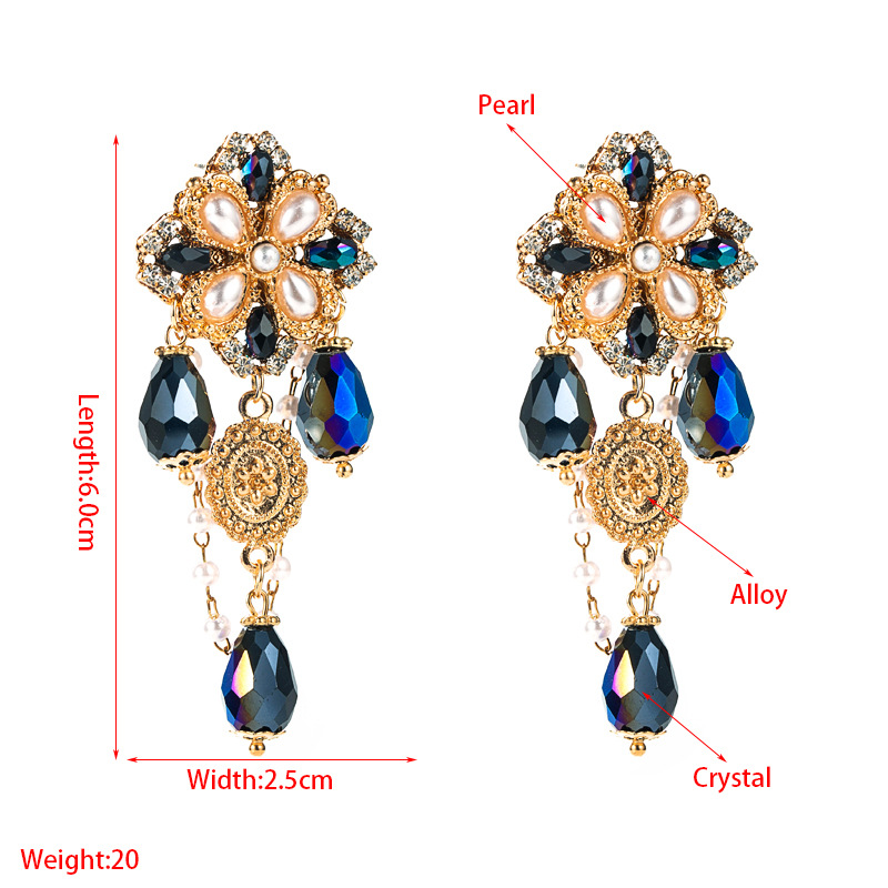 European And American Retro Baroque Palace Style Crystal Pearl Flower Tassel Earrings Female Alloy Diamond Stud Earrings Ornament display picture 1