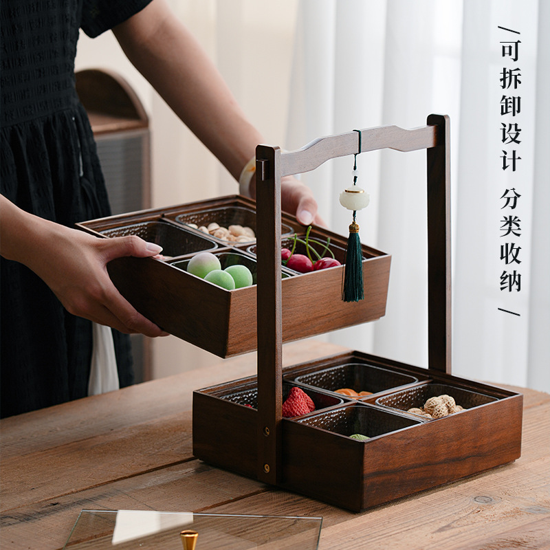 Nuevo estilo chino de nueces de madera seca bandeja de frutas casera sala de estar mesa de té semillas de melón dulces caja de nueces caja de almacenamiento de madera sólida