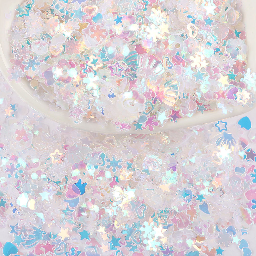 Nueva manicura de lentejuelas mixtas, polvo de brillo colorido, ropa de belleza hecha a mano, sombrero, estrellas de luna, lentejuelas de ensueño